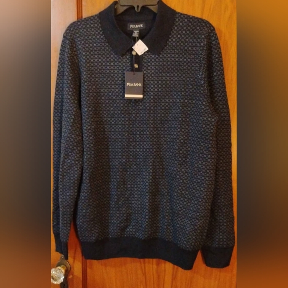 NWT Jos. A. Bank Navy Geometric Patterned Long Sleeve Polo